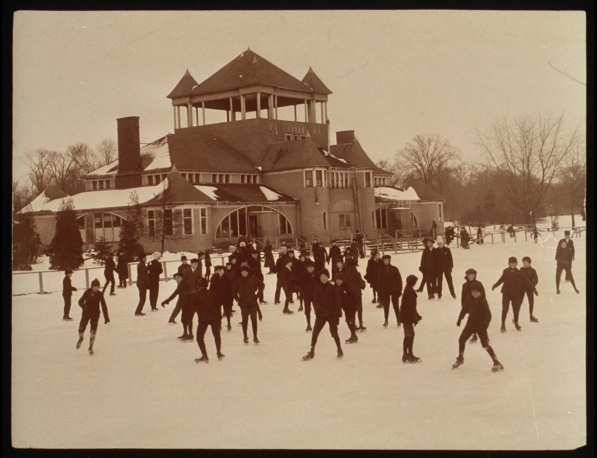 Children and adults could rent skates from the Belle Isle Pavilion  and skate on adjacent Lake Takoma on Belle Isle in Detroit, Michigan, around 1900.