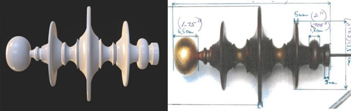 Left image: CAD model of the finial. Right image: Reference photograph of the finial.