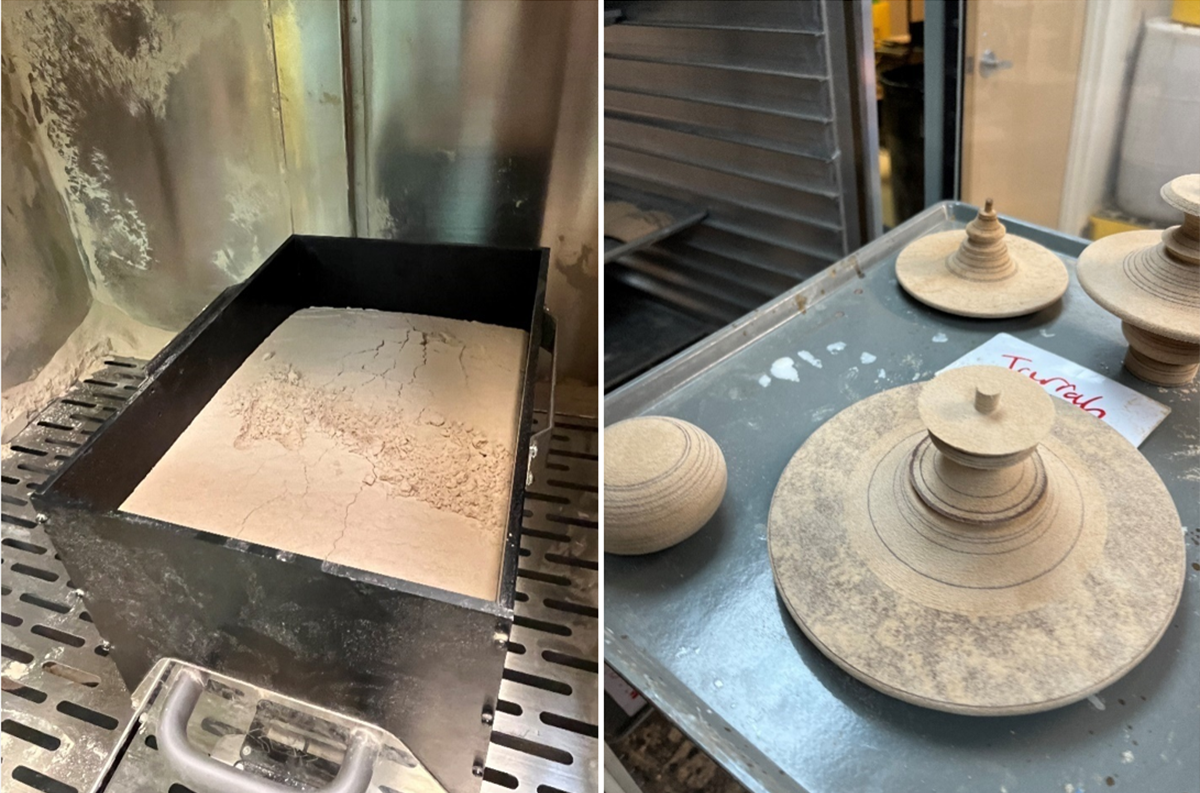 The left image shows a bed of sawdust that covers printed components of the finials that can be seen uncovered in the right image. Images from Desktop Metal, Inc.