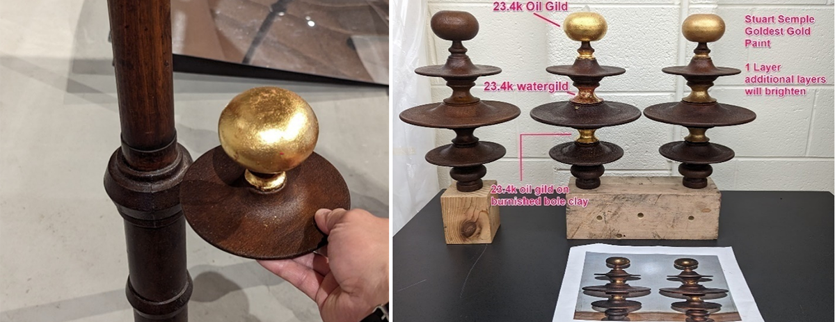 The surface finish of the printed parts was compared and matched to the original finish on the kiosk. The above images show several types of gold finishes.