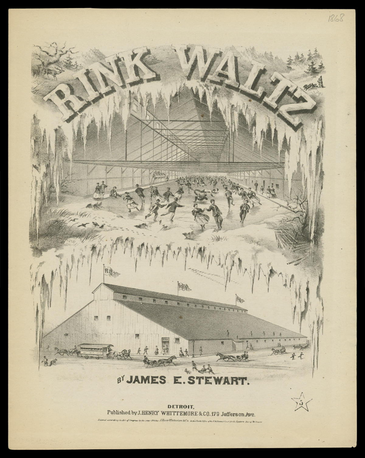 The song Rink Waltz was written and published in Detroit in 1868.  Its cover has interior and exterior renderings of the Detroit Skating Rink, which opened in 1866.